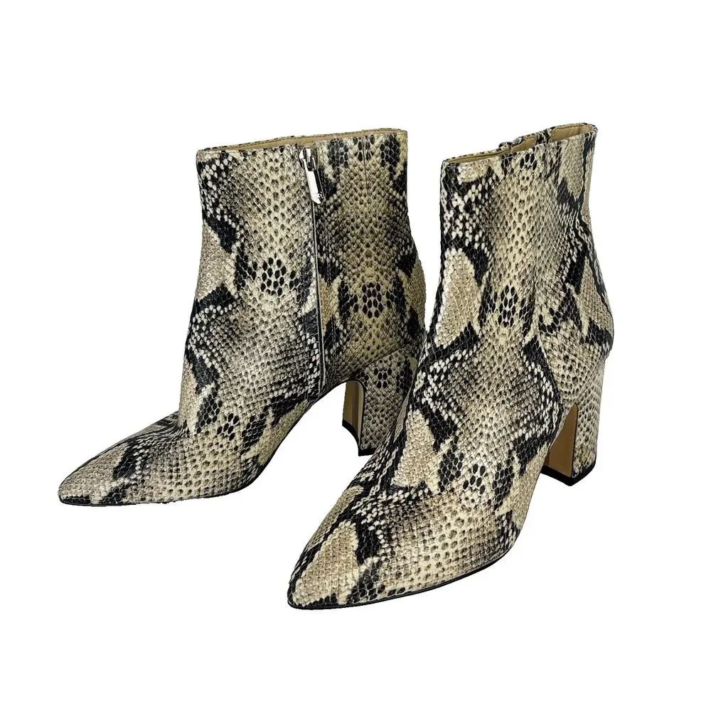 Sam Edelman Hilty Ankle Boots Snake Print Python Heeled Booties Beige Black 8.5